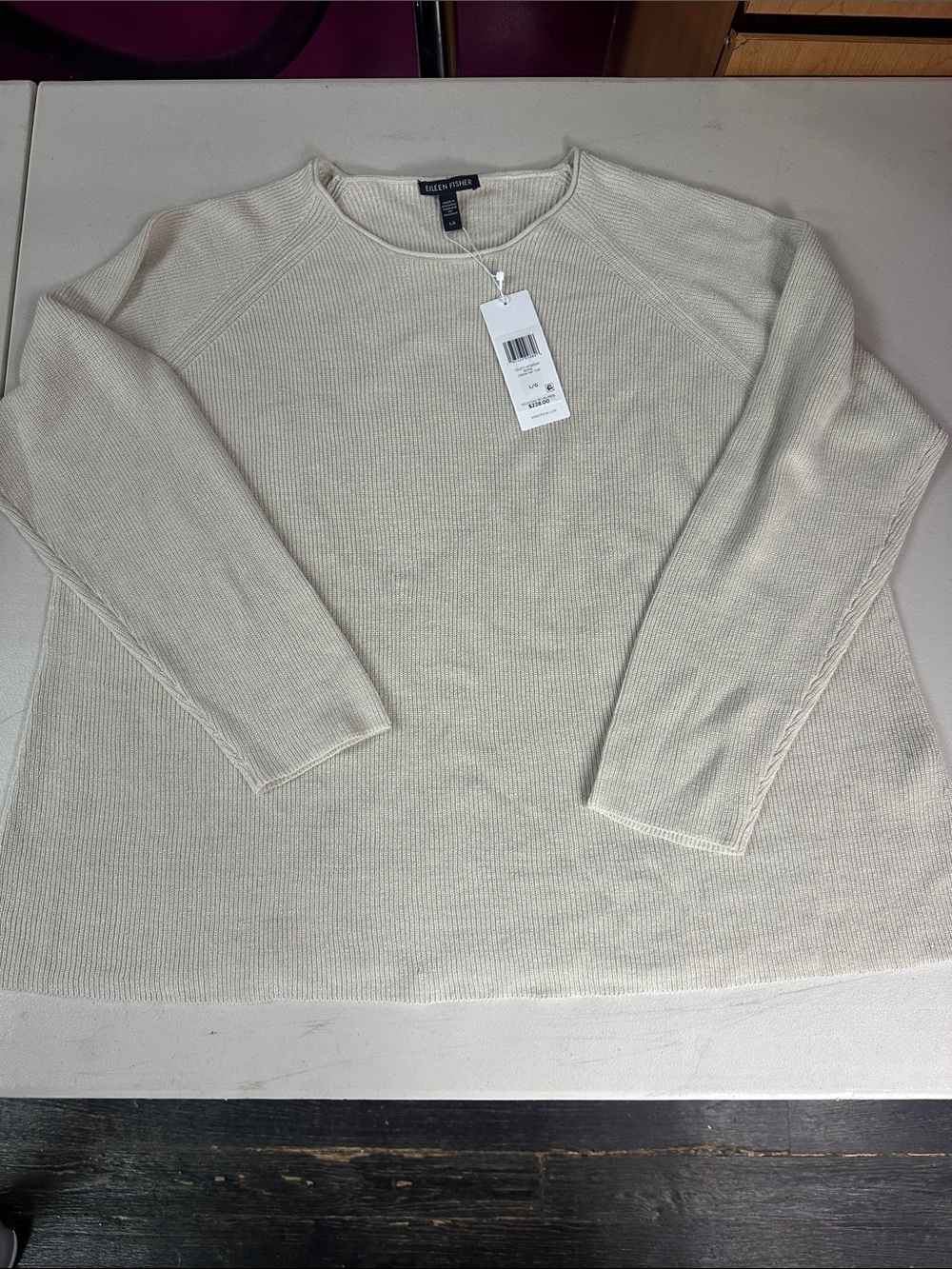 Eileen Fisher Soft Cream Ribbed Raglan Crewneck Sweater
